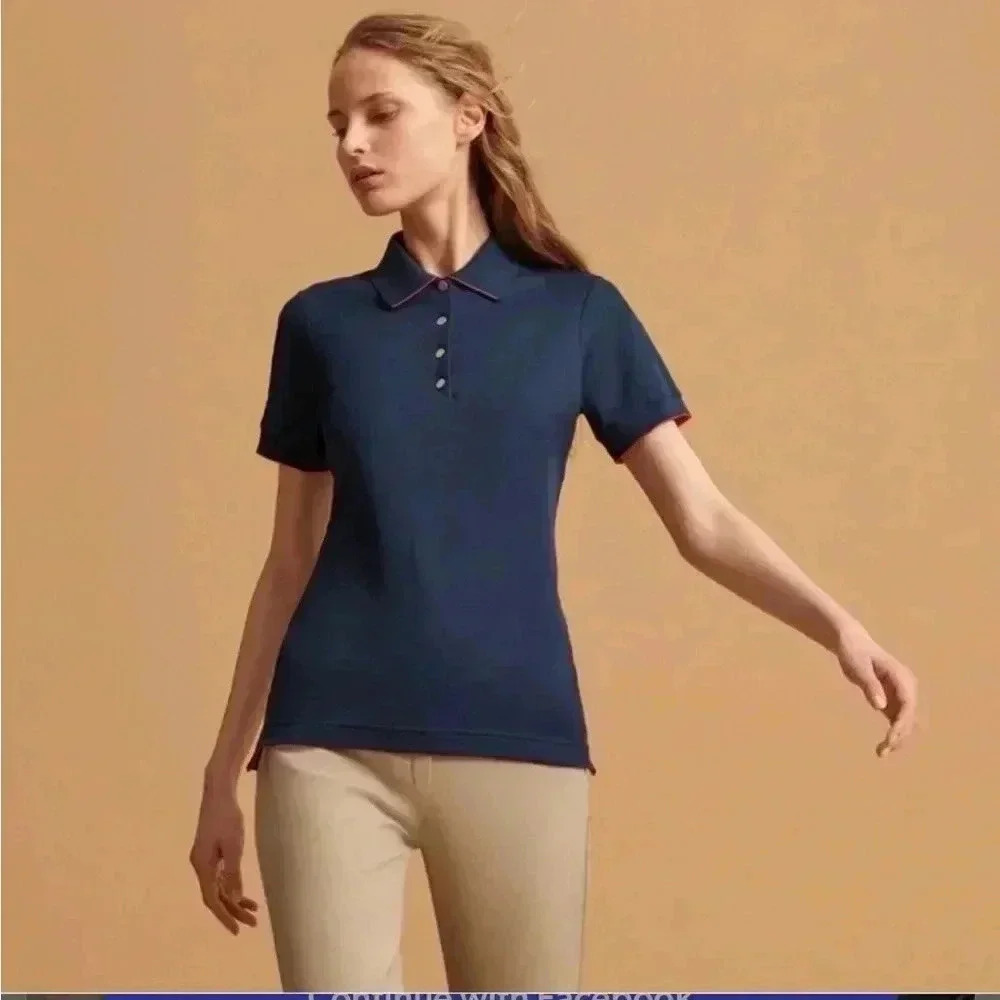 NWT Hermes Sellier Women’s Polo Short Sleeve Shirt Top Navy Blue L